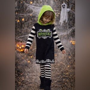 Beetlejuice Toddler Girl Hoodie Dress Black White Stripe Halloween Small